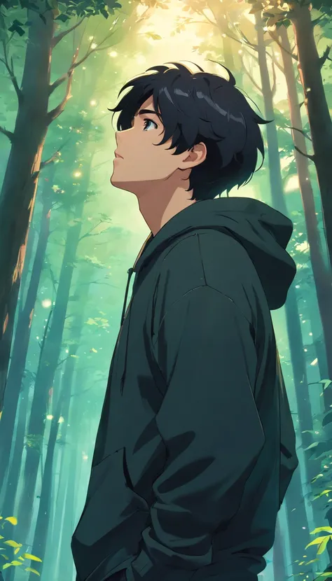 handsome male in black hoodie, black hair, glooking up at the sky in a forest, apprehensive, realistic, ultra realistic, 8k low angle shot