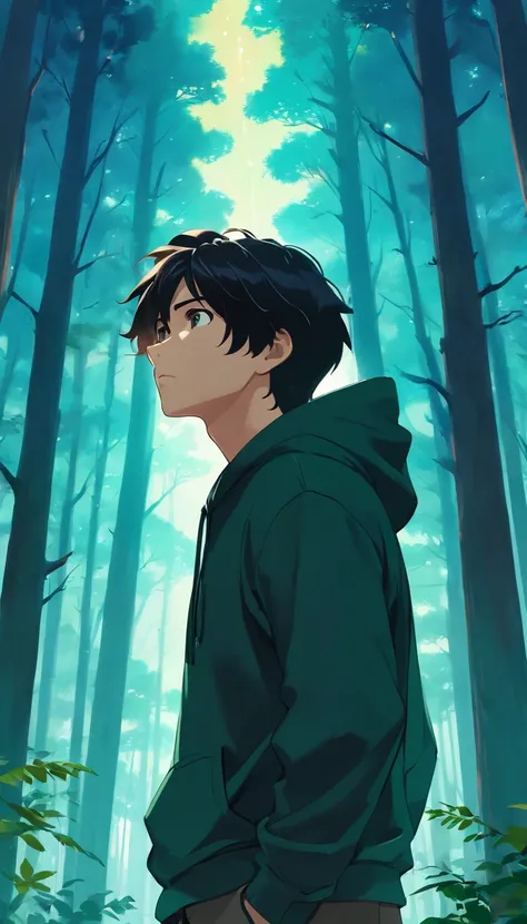 handsome male in black hoodie, black hair, glooking up at the sky in a forest, apprehensive, realistic, ultra realistic, 8k low angle shot