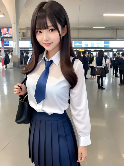 product quality, 1girl, upper body shot, front view, a Japanese young pretty woman, long bob hair, standing with a big smile on a platform in a crowded station in the sunset, a school bag over her shoulder, glamorous figure, wearing a long sleeve white col...