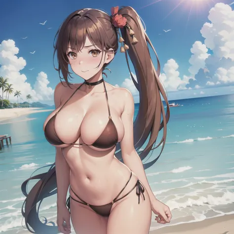 masterpiece, best quality, highres, brown hair, brown eyes, side ponytail, cowboy shot, standing, beach, micro bikini, embarrassed, blush, sexy pose, big breasts, hair ornament, very long hair,