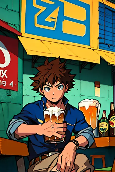 "Por favor, Create an anime-style image with maximum quality and advanced levels of detail. The main character of the scene is a young man with curly brown hair, vestindo um capuz azul. Hes holding a beer in his hands. The setting should be warm and inviti...