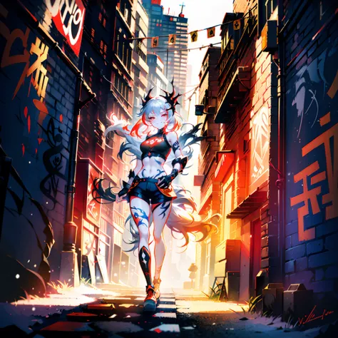 1 girl, solo, snow white hair with red tips, orange eyes, long hair, intricate glowing blue hairpin, fishnet street crop_top, short trousers grinning, smiling, winking, one_eye_closed, standing, posing, graffiti wall in background, tattoos on body