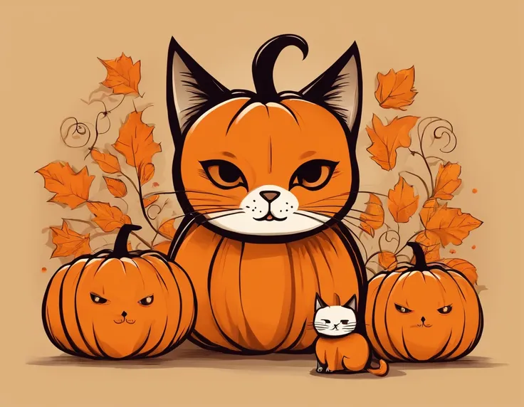 Create an image with an orange background featuring small pumpkins and a black cat sitting together in a friendly manner. Both should be smiling, and sprinkle around them various cheerful Halloween icons