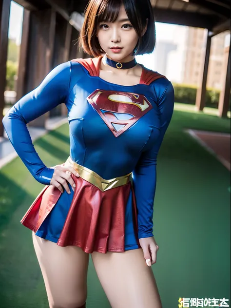 ​masterpiece、Short-haired Supergirl rolls up her skirt to show off her leotard、large full breasts、Looking at the camera、Glossy costume、a choker