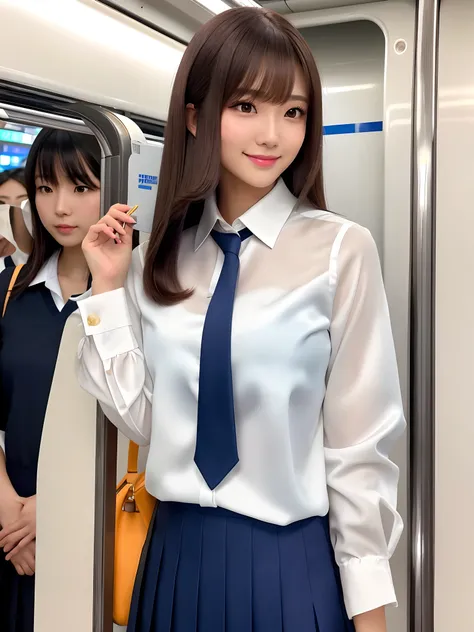 product quality, 1girl, upper body shot, front view, a Japanese young pretty woman, long bob hair, standing with a big smile in a crowded train in the sunset, a school bag over her shoulder, glamorous figure, wearing a long sleeve white collared silky sati...