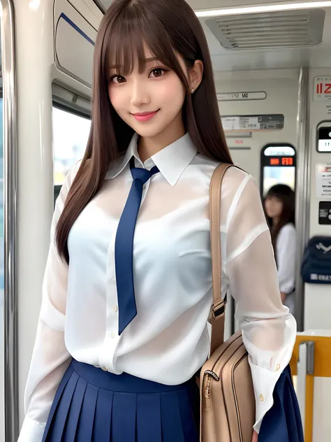 product quality, 1girl, upper body shot, front view, a Japanese young pretty woman, long bob hair, standing with a big smile in a crowded train in the sunset, a school bag over her shoulder, glamorous figure, wearing a long sleeve white collared silky sati...