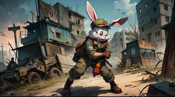 Bugs Bunny from Looney Tunes with reptile eyes and Soviet Union hat, post-apocalyptic clothes and post-apocalyptic setting --auto --s2