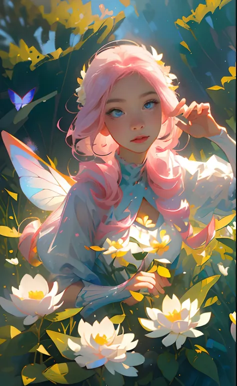 (Best Quality, Masterpiece), 1girl, Perfect Eyes, Detailed Beautiful Face, Pose, Particle, Wind, Flower, Upper Body, Pink and White Color Scheme, Simple Background, Looking at the Audience, Flower Fairy, Wings, Forest, Butterfly,