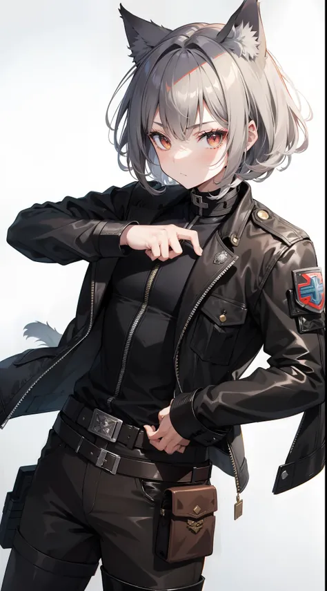 Young guy, gray curly hair, Bob hairstyle, brown eye, cat ears, Grey Combat Jacket, breeches, claws, fiery sword, Masterpiece, hiquality, 4k, HD, Good detail