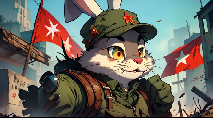 Bugs Bunny from Looney Tunes with reptile eyes and Soviet Union hat and communist flag , post-apocalyptic clothes and post-apocalyptic s --auto --s2