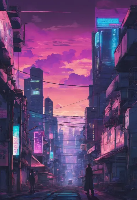 Close-up of the city with a neon sunset in the background, Synthwave City, Ville de Vaporwave, Synthwave Aesthetics, Neon City in the background, Contexte de Neo Tokyo, Neon metropolis in the background, Futuristic urban background, cyberpunk aesthetics, T...