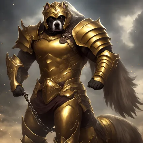 Melhor imagem, A muscular dog in golden armor, brilhante, segurando uma espada