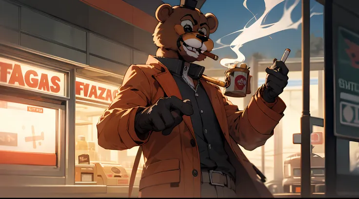 Freddy Fazbear robbing a gas station while smoking a cigar