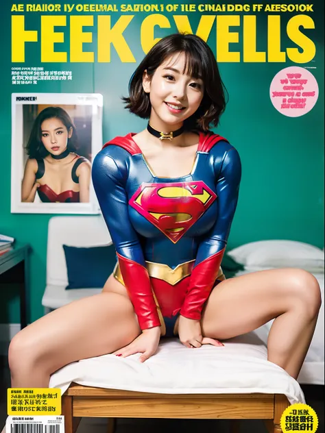 ​masterpiece、Short-haired Supergirl straddling a desk、large full breasts、Looking at the camera、a choker、bare-legged、Weekly magazine cover、Cheerful pose、a miniskirt、Enamel costume、Large open legs、Crotch