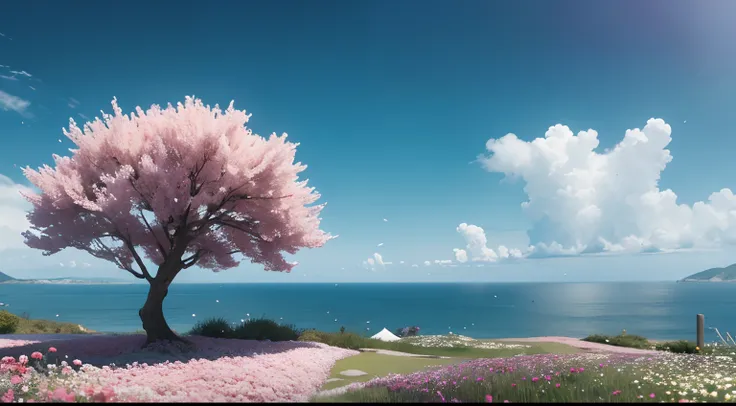 Mind decompression，Ultra healing，Venting，Love Tree，An endless sea of flowers，Realistic wind，dingdall effect，hyper HD，hyper-detailing，in a panoramic view