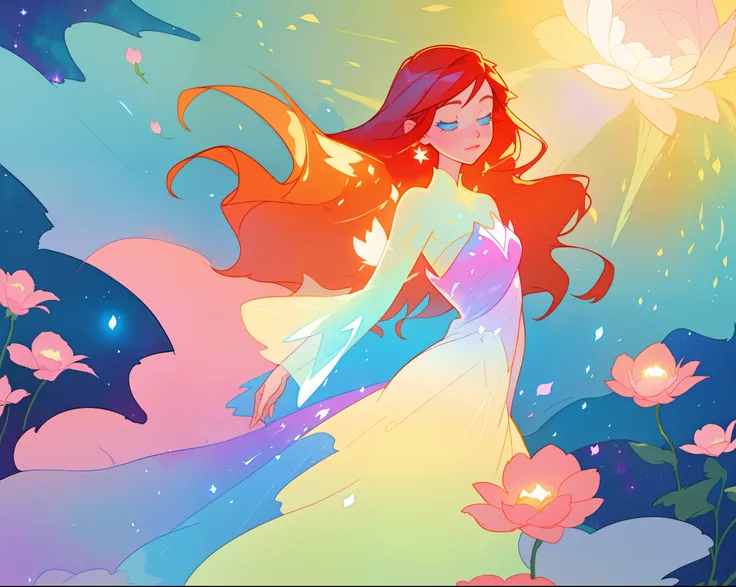 beautiful girl in flowing shimmering dress, fairy dress, long red hair, magical, whimsical, watercolor illustration, flowers and colorful plants, inspired by Glen Keane, inspired by Lois van Baarle, disney art style, by Lois van Baarle, glowing aura around...