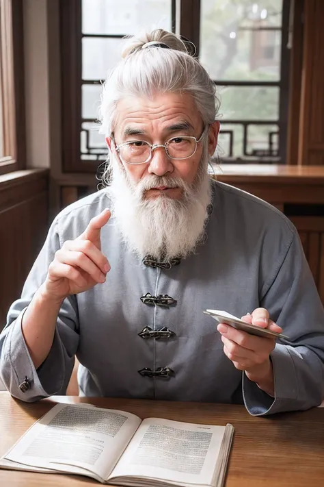 A gray hair，White-bearded old Chinese medicine doctor，Sit at a table in the Chinese medicine hall，Close-up frontal view，On the table there are ancient medical books