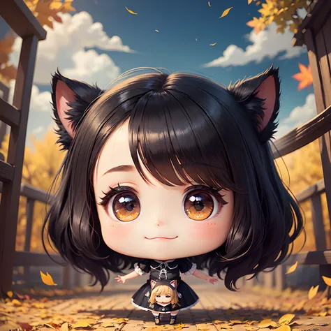 ​masterpiece、top-quality、ultra-detailliert、(Chibi Charas Daughter:1.2)、Cute chibi character with a black cat face、Black Bob、wraith、The background is Van Goghs Autumn flower art、Standing、a smile