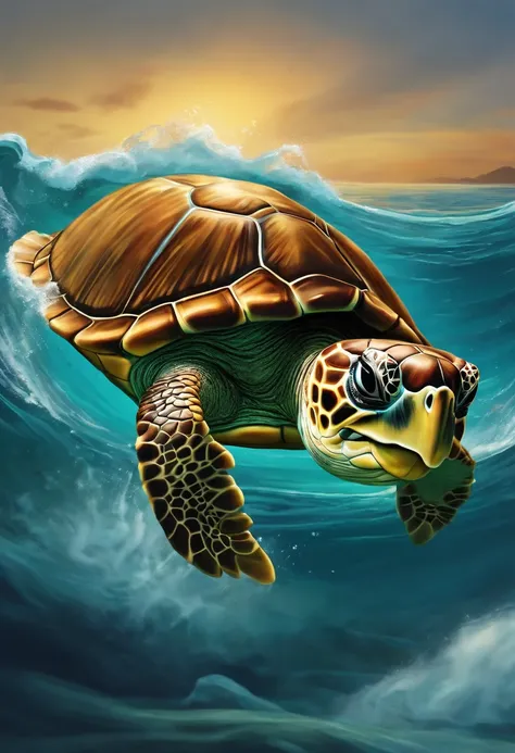 a cartoon turtle surfing in the sea.its face show  like a man