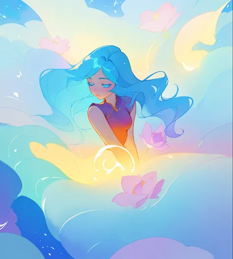 beautiful girl surrounded by liquid light, long wavy blue hair, watercolor illustration, inspired by Glen Keane, inspired by Lois van Baarle, disney art style, by Lois van Baarle, glowing aura around her, by Glen Keane, jen bartel, glowing lights! digital ...