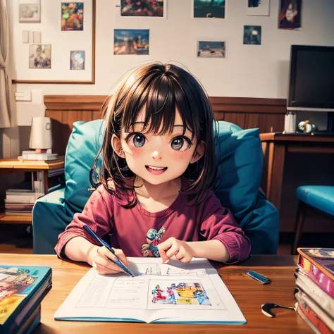 (fotorrealista, Altas:1.2), 10 year old drawing at home, dedos detalhados, Blue sofa, casa simples, Various gaming posters in the background, brunette child, happy expression