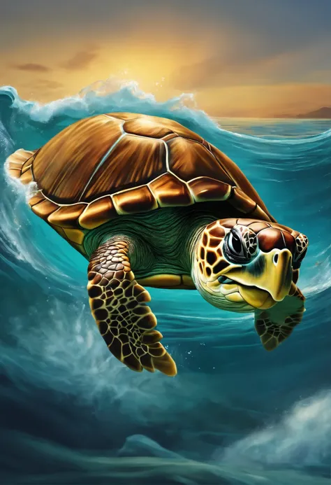 a cartoon turtle surfing in the sea.its face show  like a man