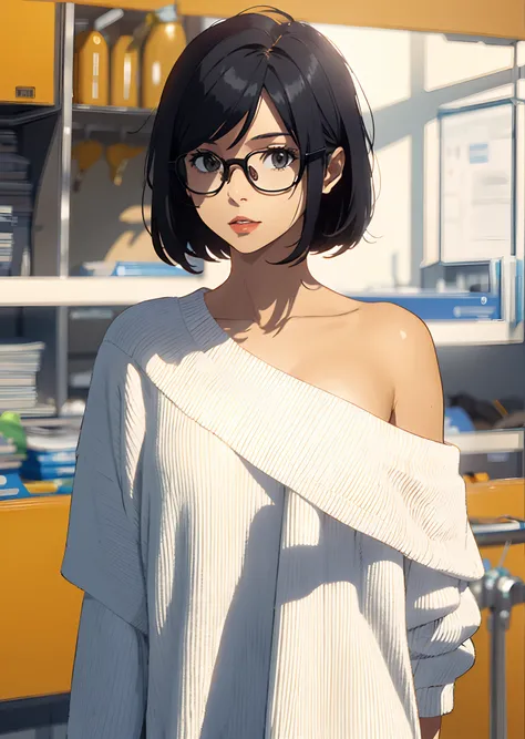 Short hair, black hair, square glasses, tan skin, cute style, woman, animated, black eyes, shoulder length hair