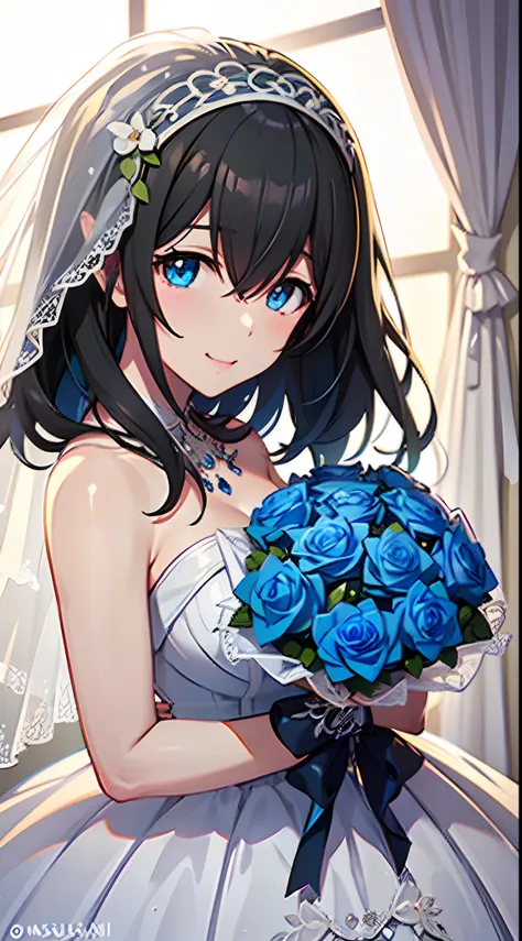 UHD, masutepiece, ccurate, Anatomically correct, Textured skin, Super Detail, high details, High quality, awardwinning, Best Quality, hight resolution,1girl ,Solo,sagisawa fumika,idolmaster,Blue eyes, Black hair, hair between eye,Long hair, hair over eyes,...