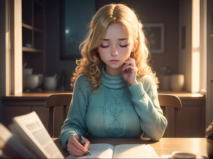 realistic, 8k image of a 15 year old girl, curly blonde hair, beautiful, extremely detailed green eyes, dressed in a light blue sweater, sitting at the table, praying, eyes closed, night