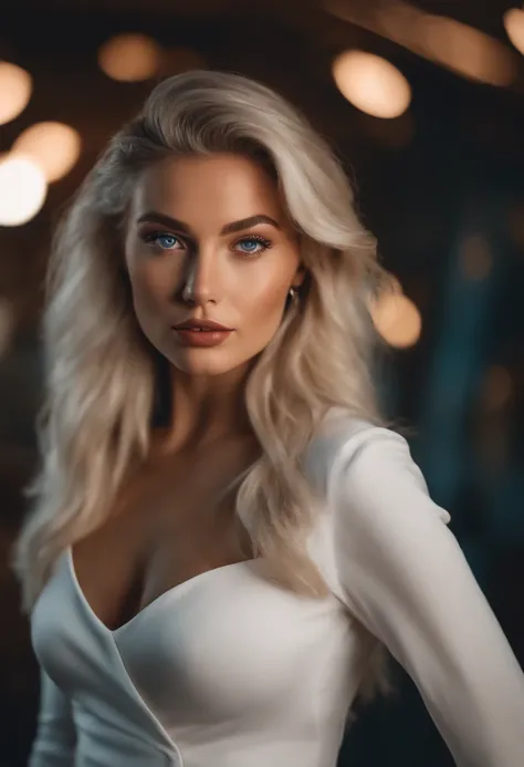 realistic white female instagram influencer, best quality, blonde, 1 girl, blue eyes, in white tight short dress