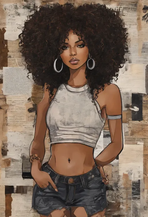 Medium brown skin black girl, 4a curly dark ash brown hair, big hair shoulder length, freckles under her eyes and on her nose ,  double nose piercing, medium sized pouty lips, big dark brown eyes