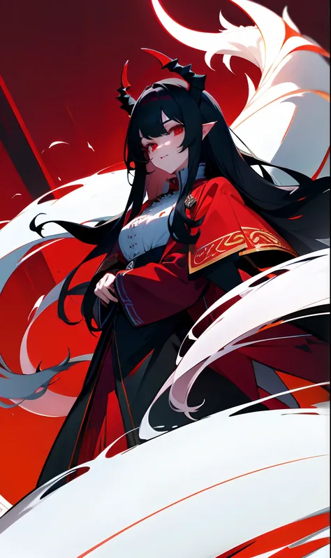 Humanoid dragon milf woman wearing red eyes and long black hair with white horns and white dragon tail while wearing a black blouse and a red overcoat over royalty