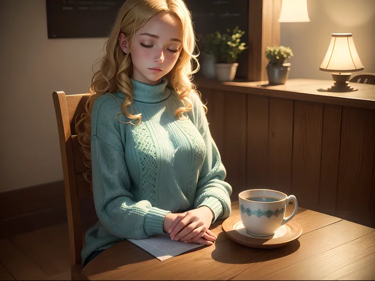 realistic, 8k image of a 15 year old girl, curly blonde hair, beautiful, extremely detailed green eyes, dressed in a light blue sweater, sitting at the table, praying, eyes closed, night