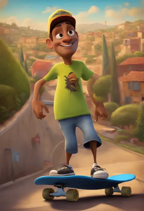 cartaz da pixar no estilo tony hawks, com um personagem gordinho, wearing a cap and goatee