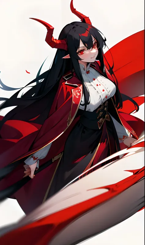 Humanoid dragon milf woman wearing red eyes and long black hair with white horns and white dragon tail while wearing a black blouse and a red overcoat over royalty