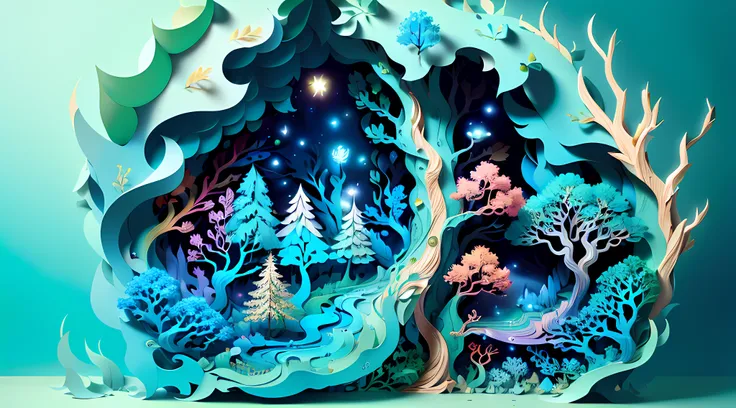 (((masterpiece))),best quality, illustration, forest trail, paper_cut, aqua tones, ultra detailed, cave like, multicolored trees, goes deep