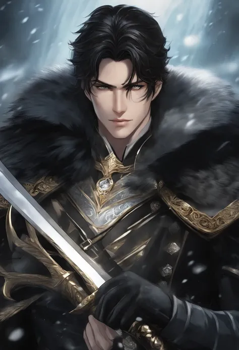 Um guerreiro negro de anime com 22 anos, com cabelo preto, olhos sombrios e uma cicatriz no olho esquerdo, em formato de um cristal de gelo, the result of his relationship with the icy element. His authoritarian appearance reflects his role as leader of th...