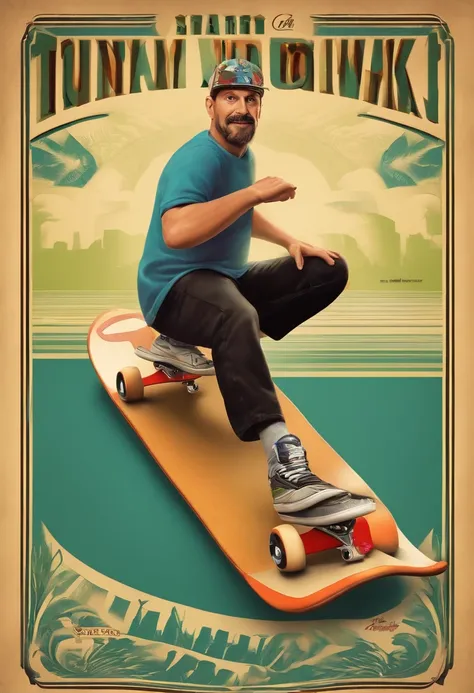 cartaz da pixar no estilo tony hawks, com um personagem gordinho, wearing a cap and goatee