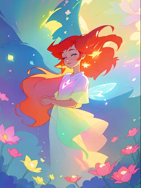 beautiful girl in flowing shimmering dress, fairy dress, long red hair, magical, whimsical, watercolor illustration, flowers and colorful plants, inspired by Glen Keane, inspired by Lois van Baarle, disney art style, by Lois van Baarle, glowing aura around...