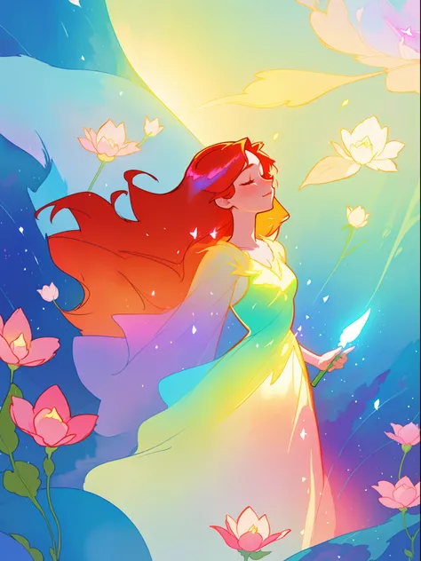 beautiful girl in flowing shimmering dress, fairy dress, long red hair, magical, whimsical, watercolor illustration, flowers and colorful plants, inspired by Glen Keane, inspired by Lois van Baarle, disney art style, by Lois van Baarle, glowing aura around...