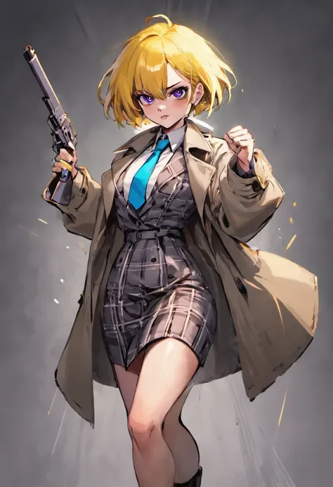 1female，short hair，golden yellow hair，Purple Eye，White shirt，Gray plaid skirt，Gray tie，Long trench coat，Take a gun，good girl，agent，standing painting，full body Esbian