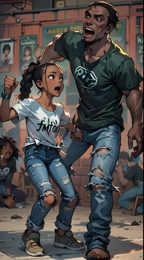 young kid (dark skin girl) with braids grabs zombie by the neck, choking tall adult man zombie, fighting each other, fighter, angry, (jeans and black t-shirt)