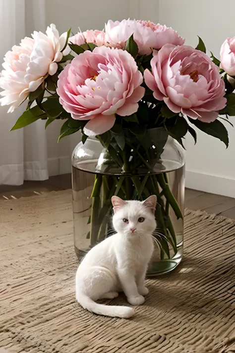 cute small white cat sit next to the peonies vase