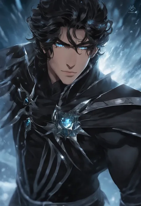 Personagem masculino de anime de pele escura, com cabelo preto, olhos sombrios e uma cicatriz em forma de cristal de gelo no olho esquerdo. He is a leader of ice warriors, Carrying an imposing and authoritarian look