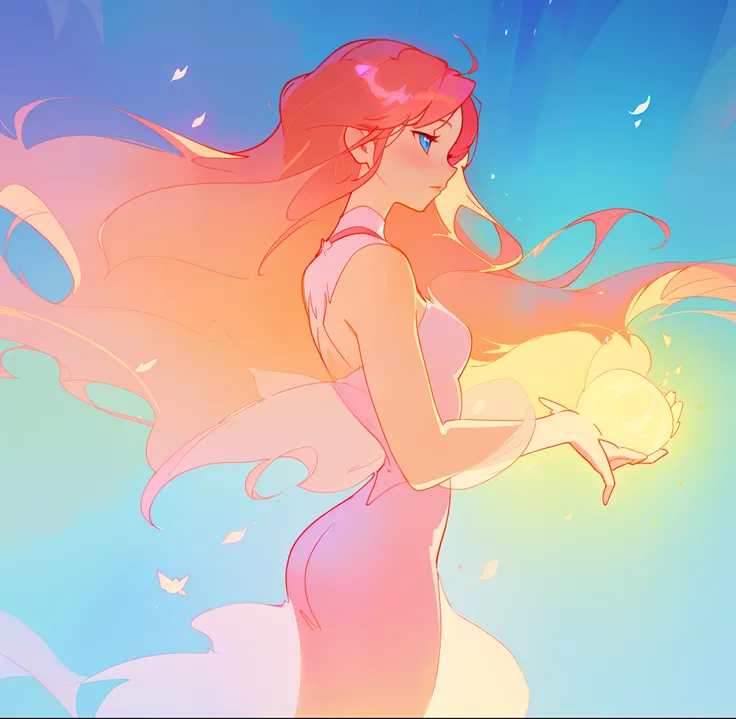 beautiful girl in pink white dress, fairy dress, long gold and red hair, watercolor illustration, inspired by Glen Keane, inspired by Lois van Baarle, disney art style, by Lois van Baarle, glowing aura around her, by Glen Keane, jen bartel, glowing lights!...