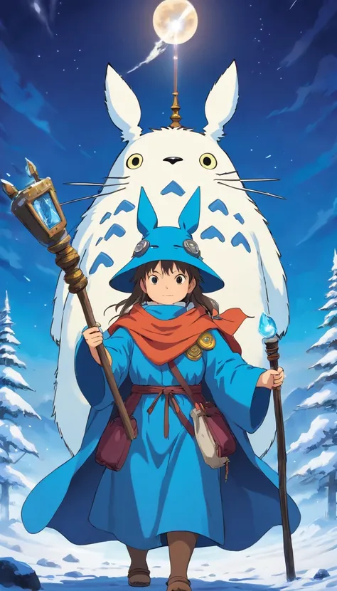 Totoro, Mage robes , Staff in hand，Wearing a wizard hat，snowfield，No Man