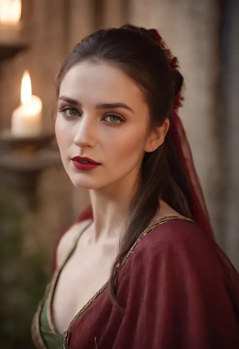 (((A deep red wound streaked across her left cheek))) Fair complexion, A woman around 19 years old, cabelos preto e longos，High ponytail, Unique green eyes, Wear Cole, Slender and graceful, Beautiful, Candlelight in a medieval setting, super sharp focus, r...