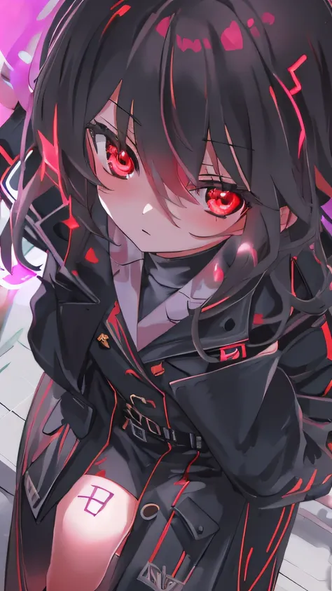 Anime shoujo，tmasterpiece，solo person，Black trench coat，Black knee-length socks，Red glowing eyes，whaite hair，flatchest，with hands behind her back，high - tech