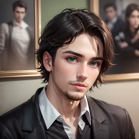 Please submit a prompt for a portrait of a 25-year-old man, one that conveys respect and wisdom, realistic and without distortions. Brunette man. green eyes. silk blouse in black color. photo background is a luxury home. Clear photo, showing all the detail...