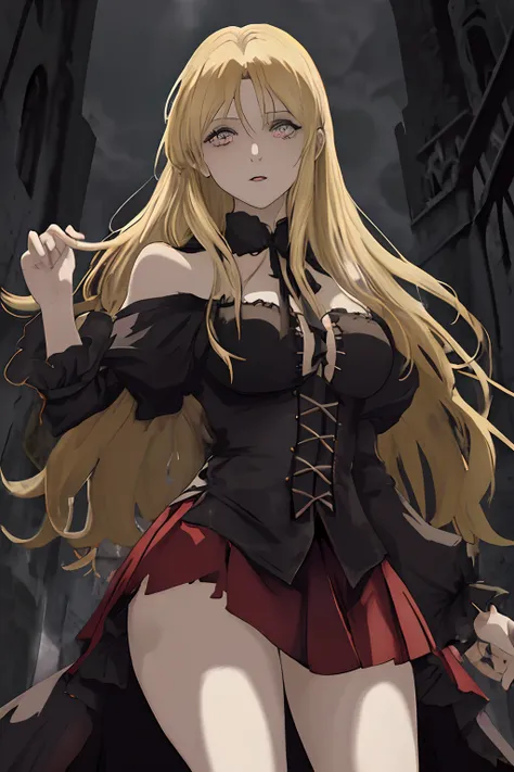 Chica rubia de estilo anime, similar a Integra Hellsing, con caderas masivas, trasero grande y cuerpo sensual, sostiene una daga. She wears a black medieval dress that is torn and a miniskirt. Esta es una imagen inspirada en obras maestras que muestra al p...